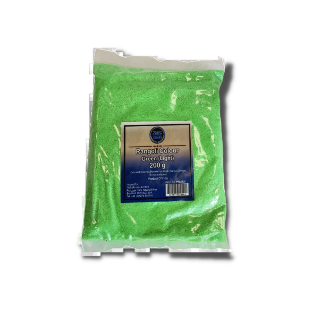 HEERA Rangoli (Light Green) 200g, vibrant light green powder in a clear package.