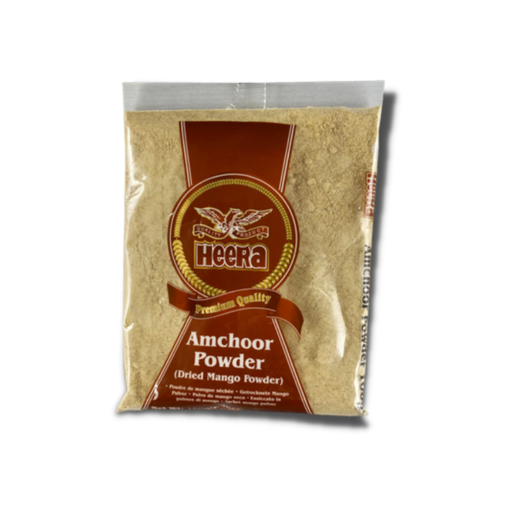 Heera Amchoor (Dry Mango) Powder 100g, light brown powder in a clear package.