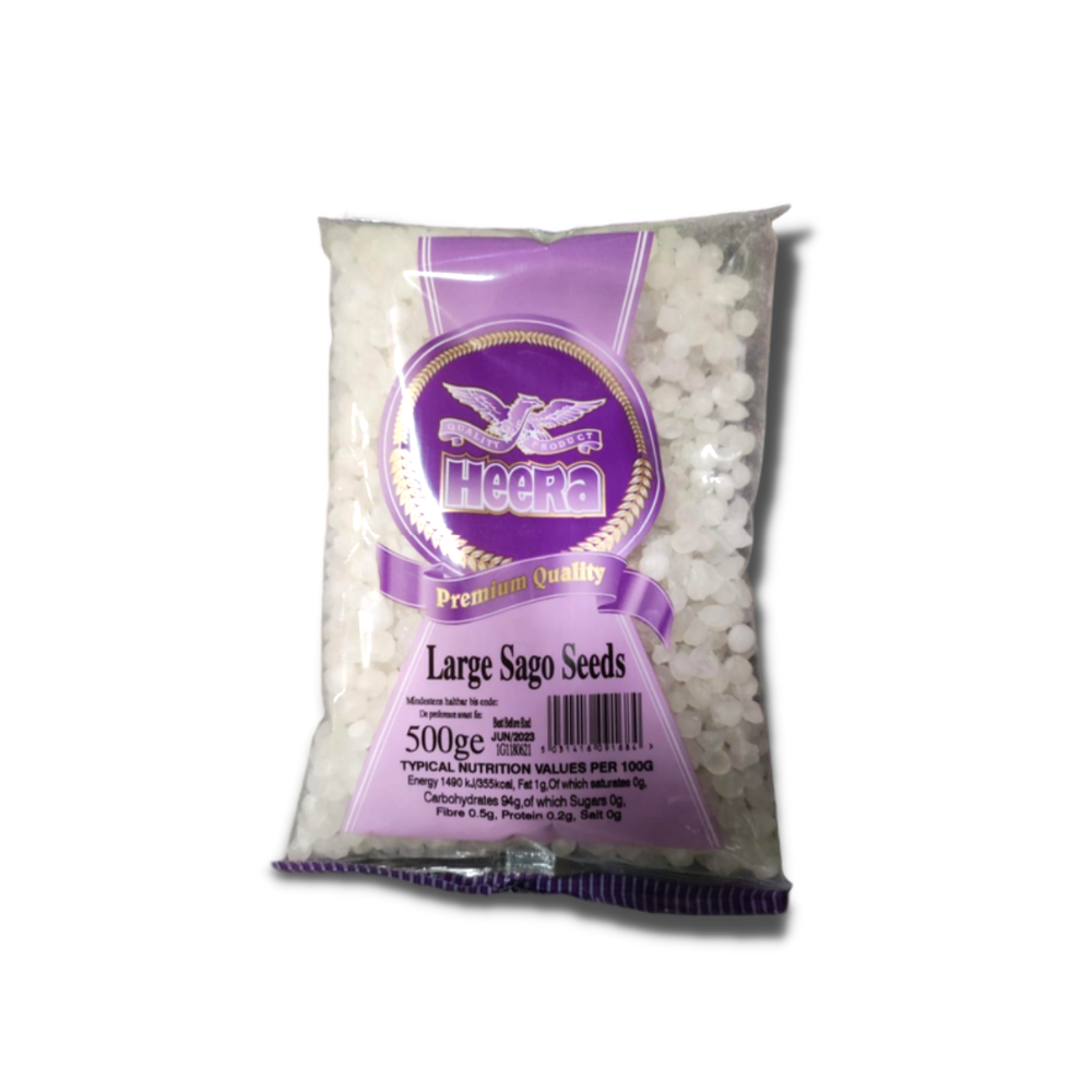 HEERA Tapioca Seeds (Large) (Sago) 500g, white, round tapioca pearls in a clear package.