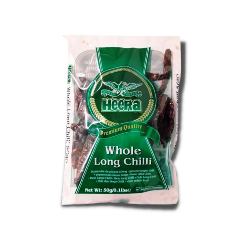 A pack of 50g Heera Long Whole Red Chillies.