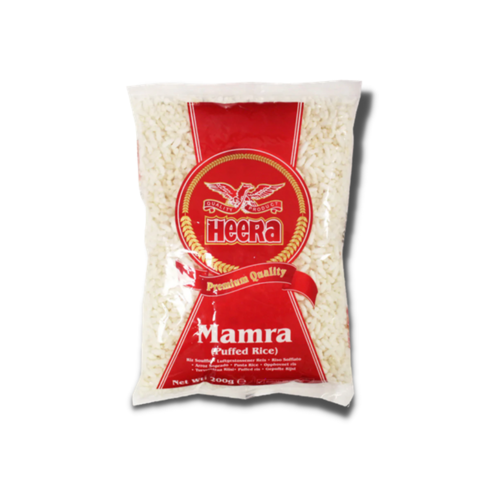 HEERA Puffed Rice (Mamra) 400g, light and airy puffed rice in a clear package.