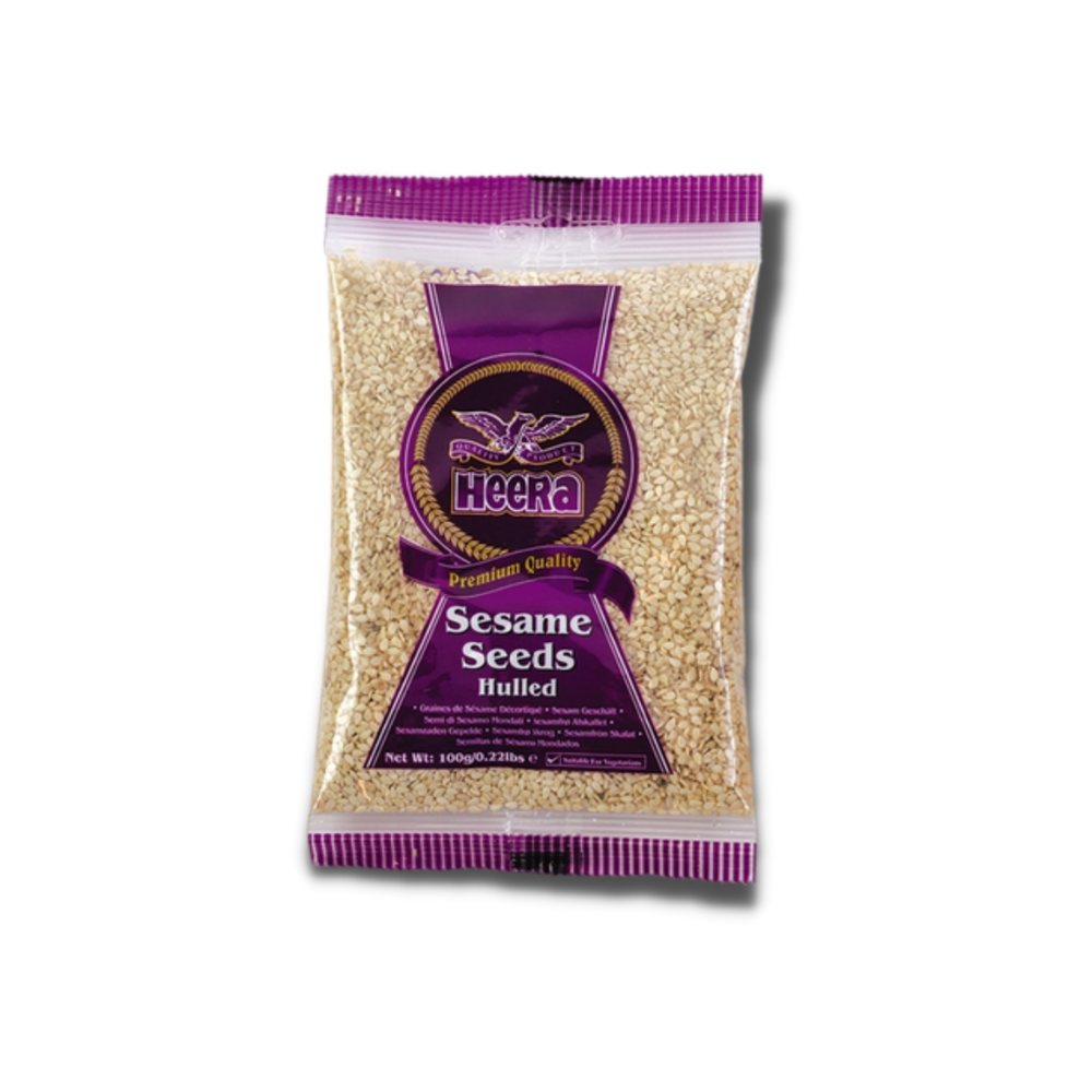HEERA Hulled Sesame Seeds 100g, white sesame seeds in a clear package.