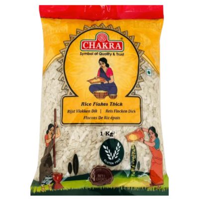 A bag of Chakra Rice Flakes White Thick 1kg, showcasing the thick, flattened rice flakes.