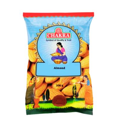 A pack of Chakra Almonds 200g, showcasing their natural texture and color.