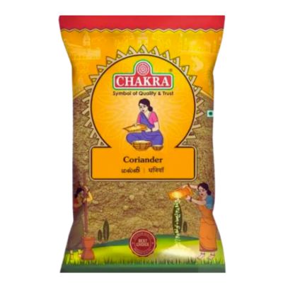 Chakra Coriander Powder 100g, light brown spice in a clear package.