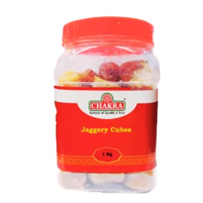 A 1kg pet jar of Chakra Jaggery Cubes.