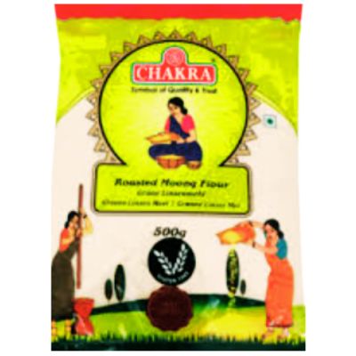 Chakra Roasted Moong Flour 500g, packaged in a white bag with product details.