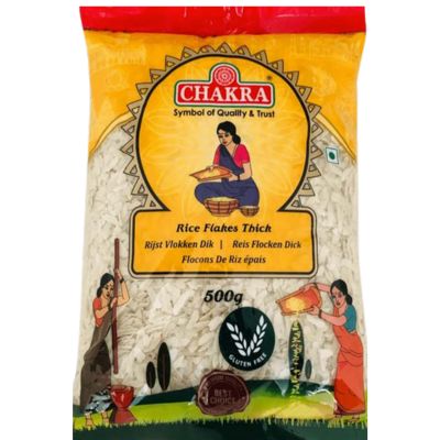 A bag of Chakra White Rice Flakes 500g, showcasing the flattened rice flakes.