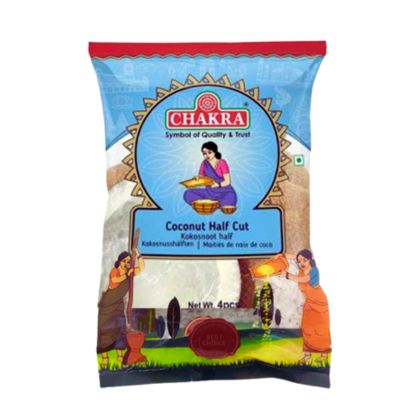 Four half-cut Chakra coconuts, packaged in a clear bag.
