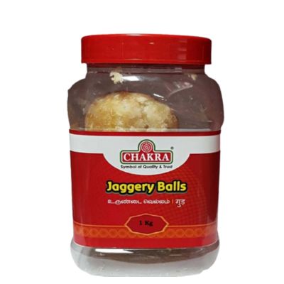 A pet jar containing 1kg of Chakra Jaggery Balls.