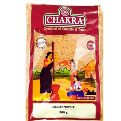 A 500g pouch of Chakra Jaggery Powder.