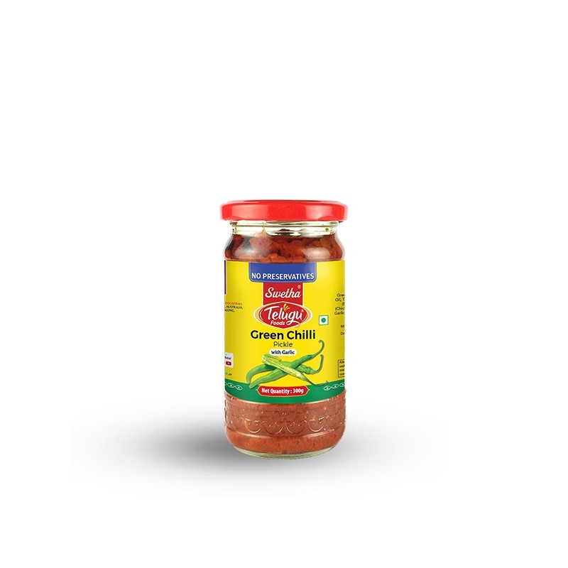 Telugu Foods Green Chilli Pickle 300g jar.