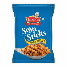 A close-up image of Jabsons Namkeen Soya Sticks Masala 150gm, showcasing its crunchy texture and masala seasoning.