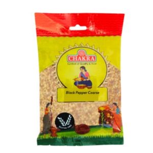 Chakra Black Pepper Coarse 100g, coarsely ground black pepper in a clear package.