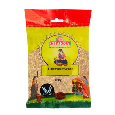 Chakra Black Pepper Coarse 200g, coarsely ground black pepper in a clear package