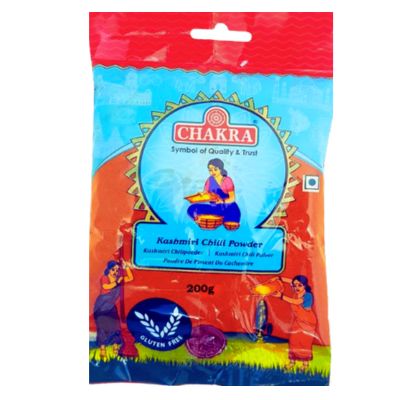 Chakra Kashmiri Chilli Powder 200g, vibrant red spice in a clear package.