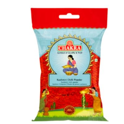 Chakra Kashmiri Chilli Powder 500g, vibrant red spice in a clear package.