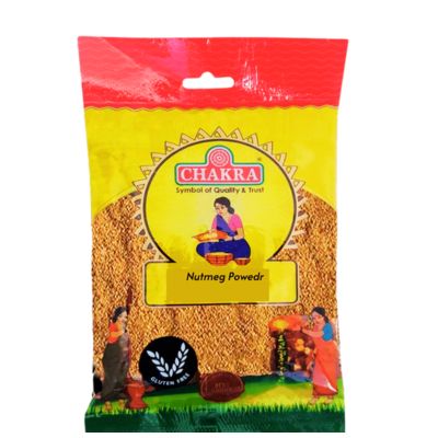 Chakra Nutmeg (Jathikka) Powder 200g, brown powder in a clear package.