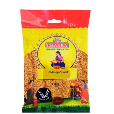 Chakra Nutmeg (Jathikka) Powder 100g, brown powder in a clear package.